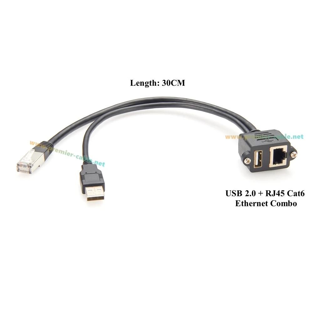 Dual USB 2.0 RJ45 Cat5e Ethernet Combo Extension Cable RJ45 8P8C USB Type-A Male to Female Screw Panel Chassis Feedthrough Cable