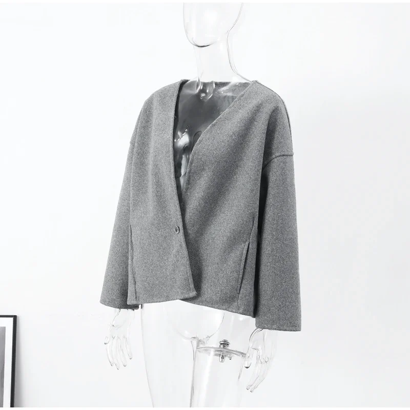 Vintage One Button Woolen Coat Women Gray Loose Long Sleeve V-neck Short Jacket Female Autumn Winter Casual Lady New in Outwears