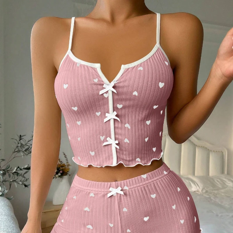 Women Pajamas Set Women Pajama Suit Cotton Pajamas Set Sleepwear Women Pajamas Set Heart Print Soft Ribbed Fabric Flirty Frill Trim Casual Cami Top and Shorts Sets Loungewear