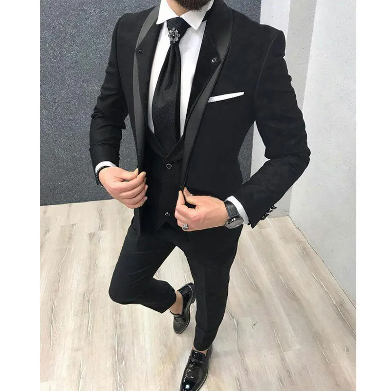 

2023 Black Slim fit Groom Suit for Men 3 Pieces Tailor Made Groomsmen Wedding Tuxedo Best Man Prom Party Male Suit Costume Homme