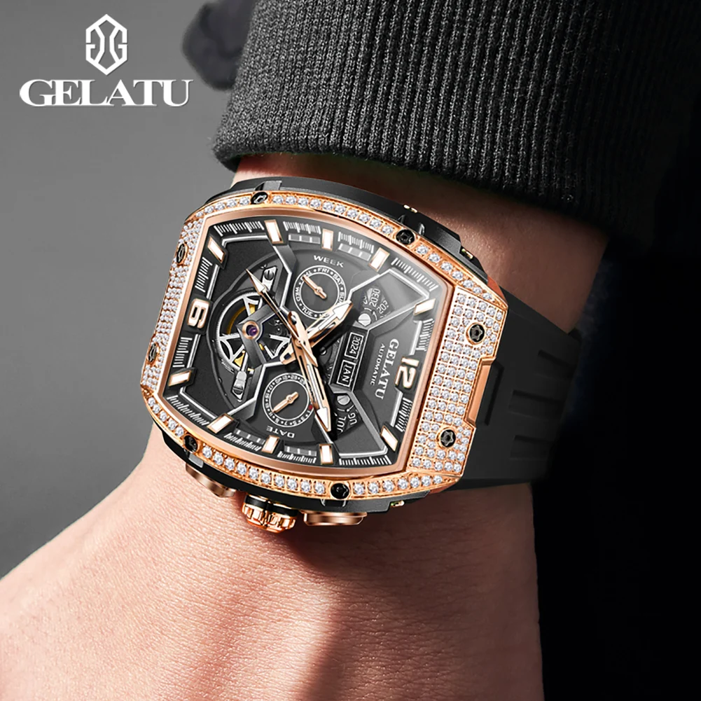 GELATU 6016 Men's Watch Diamond Hollow Man Mechanical Wristwatch Luxury Auto Date Deep Waterproof Watch For Men Silicone Strap