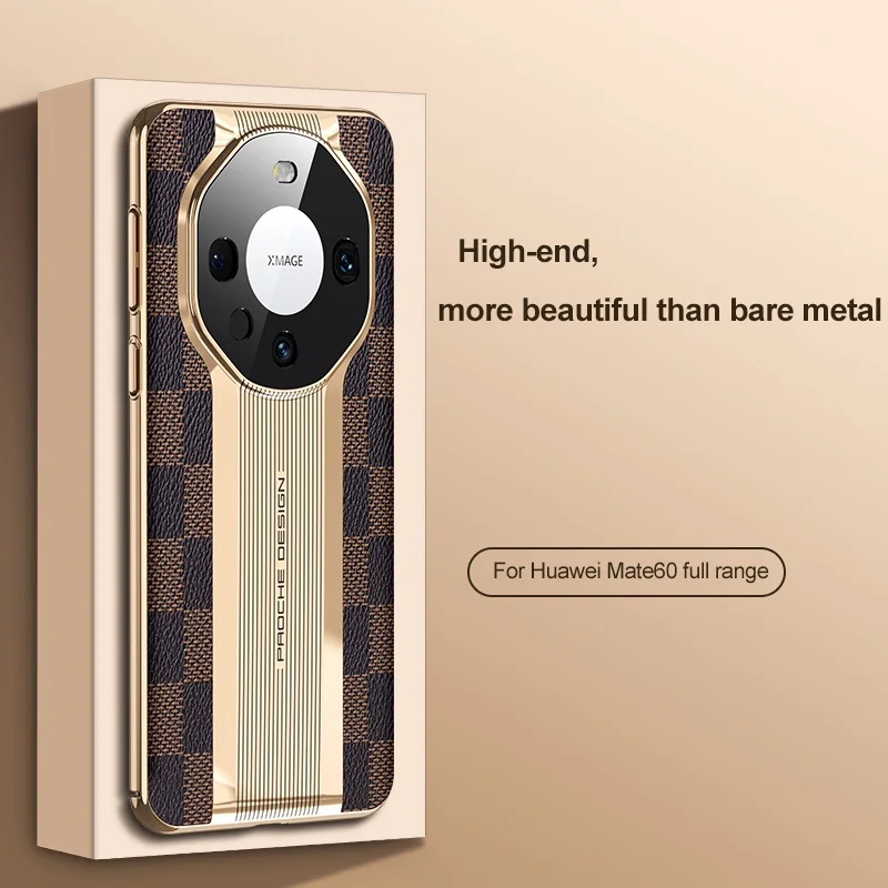 Luxury Checked Leather Phone Case For Huawei Mate 60 Pro 50 Pro 40 Pro 30 Pro Shockproof Protective Cover Lens Glass Film