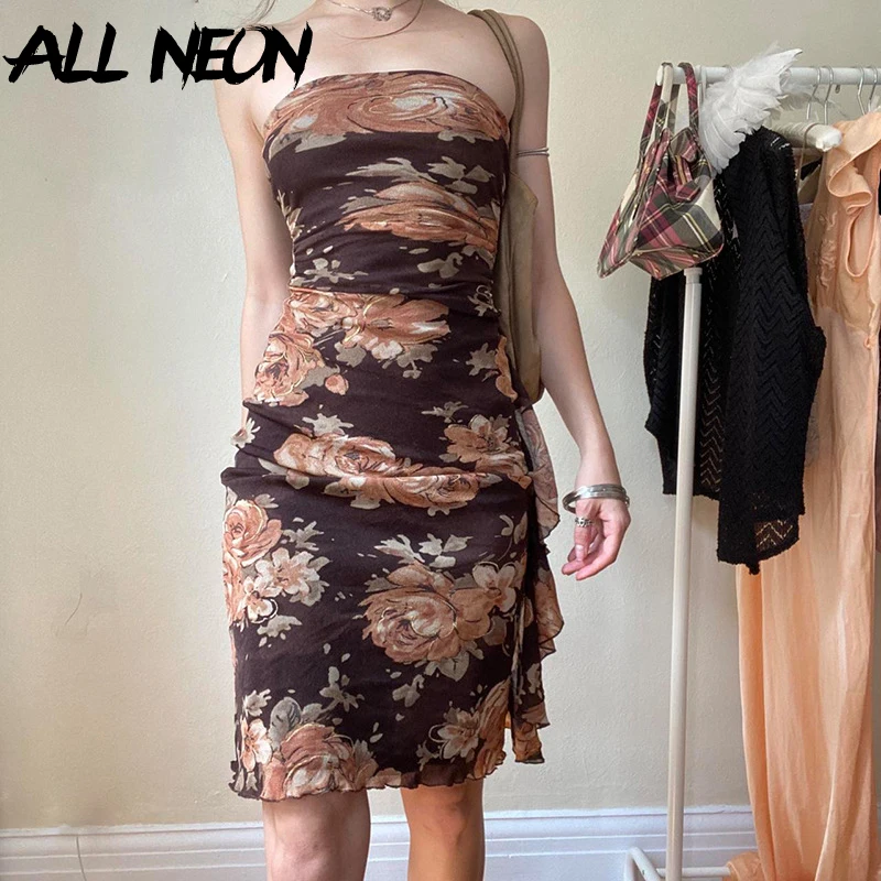 

ALLNeon Fairy Coquette Outfits Vestido 90S Vintage Florals Printed Strapless Mini Dress Y2K Women Sexy Mesh Bodycon Dress 2024