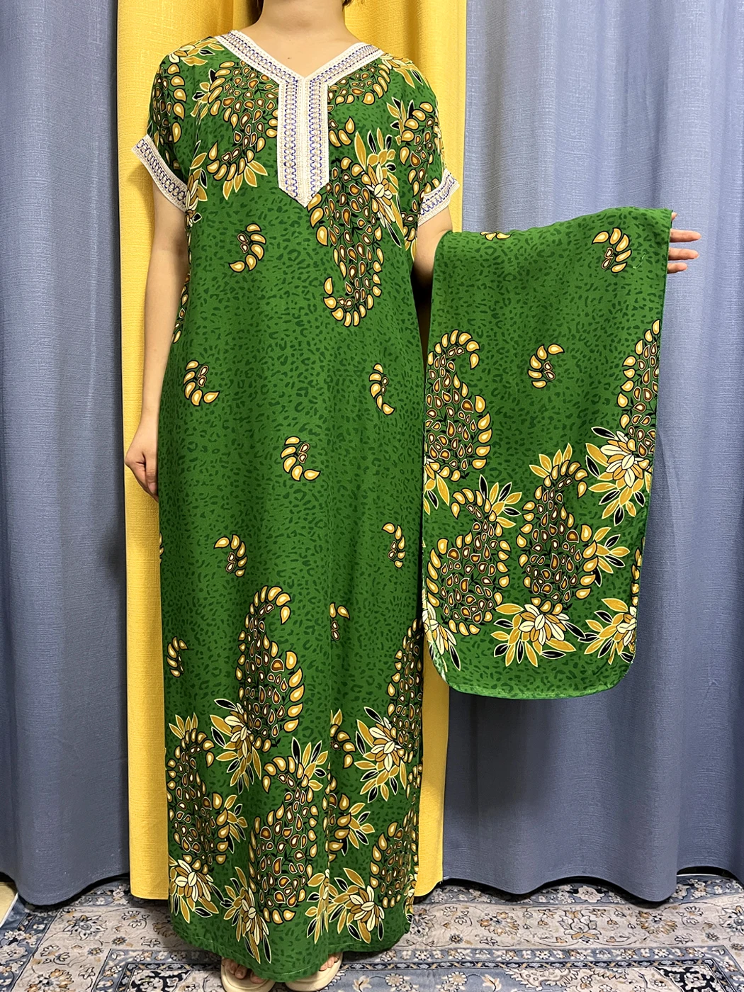 Muslim Abayas For Women 2023 Summer Floral Print Cotton Slim Fit V-neck Femme Robe African Islam Woman Dresses With Headscarf