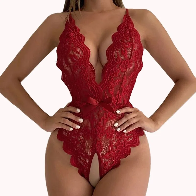 Erotic Lace Women's Deep V Open Bra Crotchless Slim Fit Lingerie Sexy Transparent Bodysuit Sex Temptation Underwear Costumes