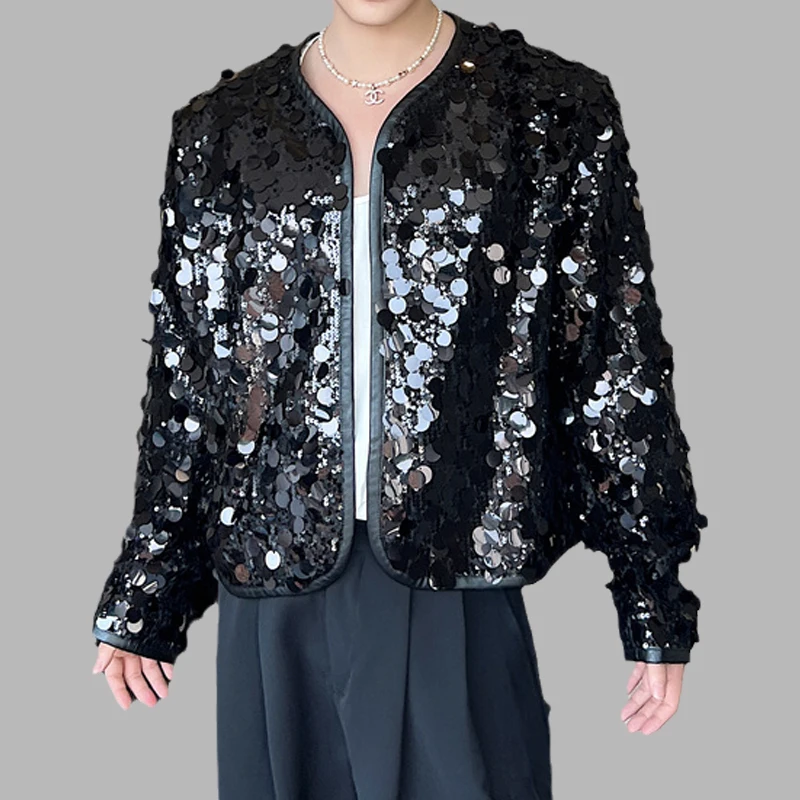 

Men Jacket Sequins Open Stitch Crop Coat Korean Style Round Neck Long Sleeve Streetwear Nightclub Shiny Little Jackets For Men