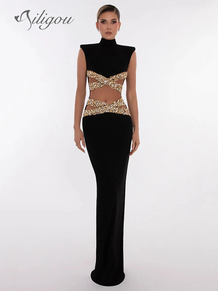 

Ailigou 2024 новое женское украшение со стразами, черное ажурное сексуальное длинное Бандажное платье, элегантное вечернее платье знаменитости