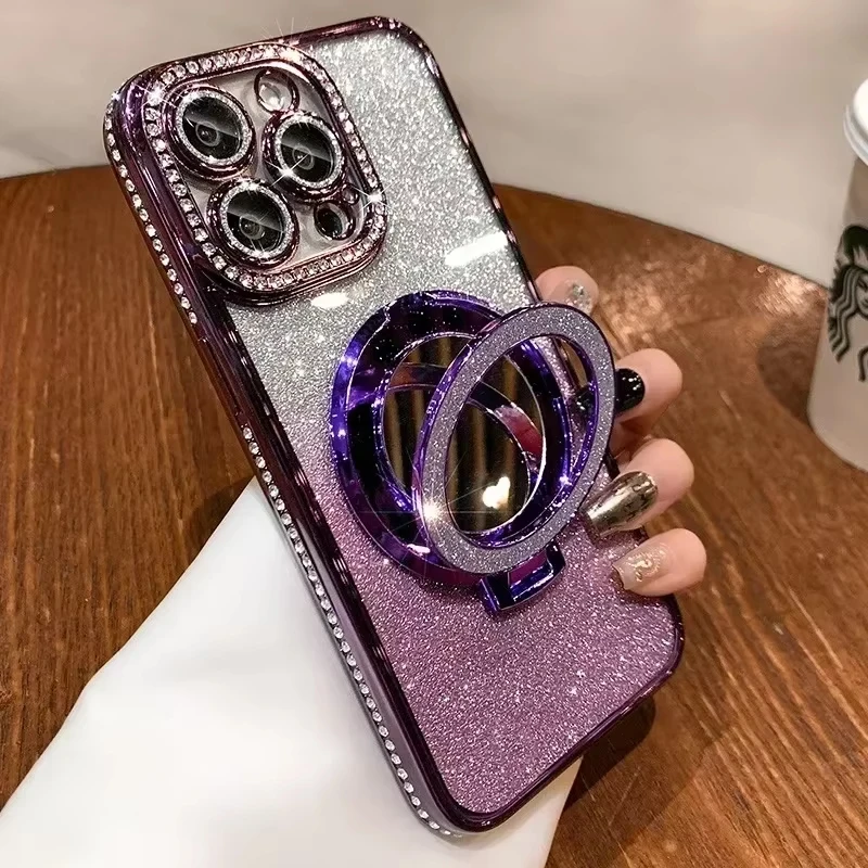 Luxury Diamond Clear Glitter Phone Case with Mirror and Magnetic Holder Stand