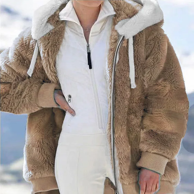 

20 New Autumn/Winter Loose Solid Plush Zipper Hooded Coat for Women