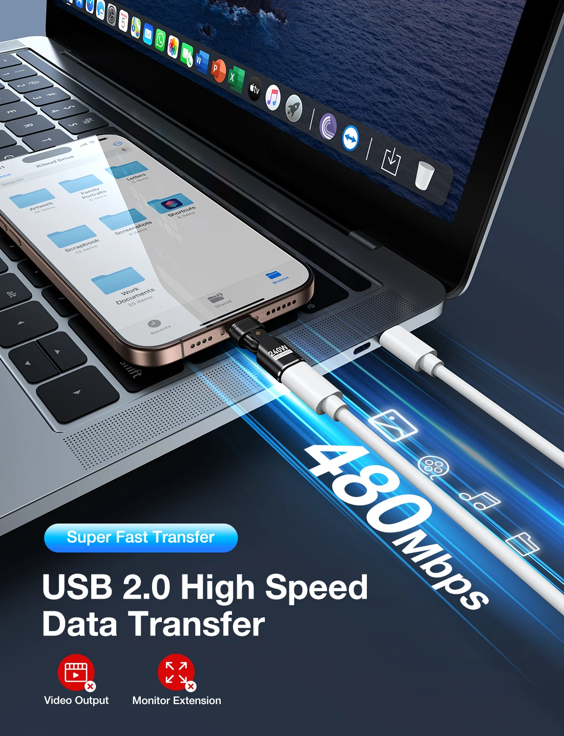 240W Type C Adapter 16Pin USB-C to Type-C Fast Charging Cable Magnetic USB C Female Converter Macbook iPhone 16 15 Xiao AUFU