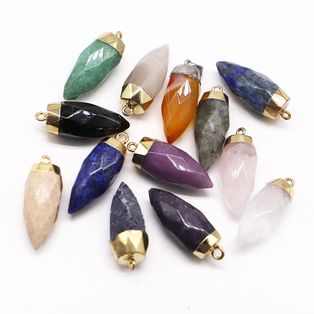 Natural Stone Gold Cone Healing Pendulum Faceted Pendants Rose Quartz Crystal Necklaces Charms DIY Jewelry Making Wholesale 8PCS