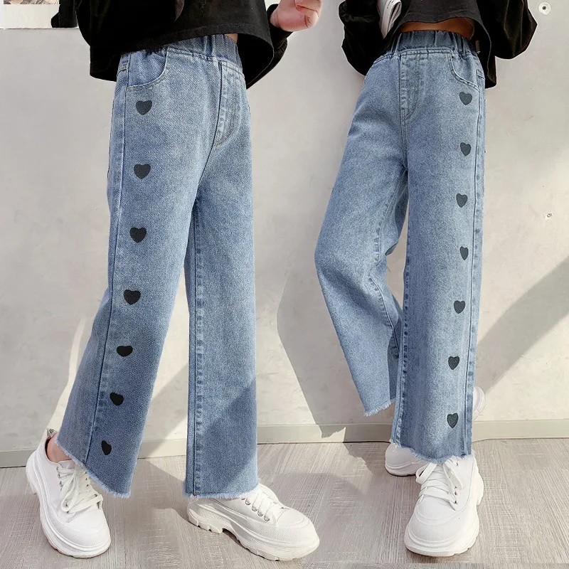

Spring Autumn Girls Jeans for Teen Children Heart Print Jeans Loose Wide Leg Pants Kids Denim Trousers for Girls 6 8 10 12 Yrs