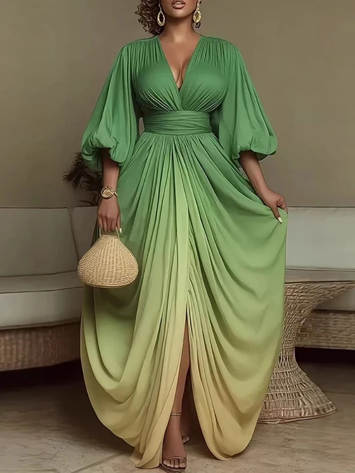 New High Waist Split Maxi Dress Trendy Gradient Printed Pleated Evening Dress Elegant V-neck Lantern Long Sleeve Irregular Dress