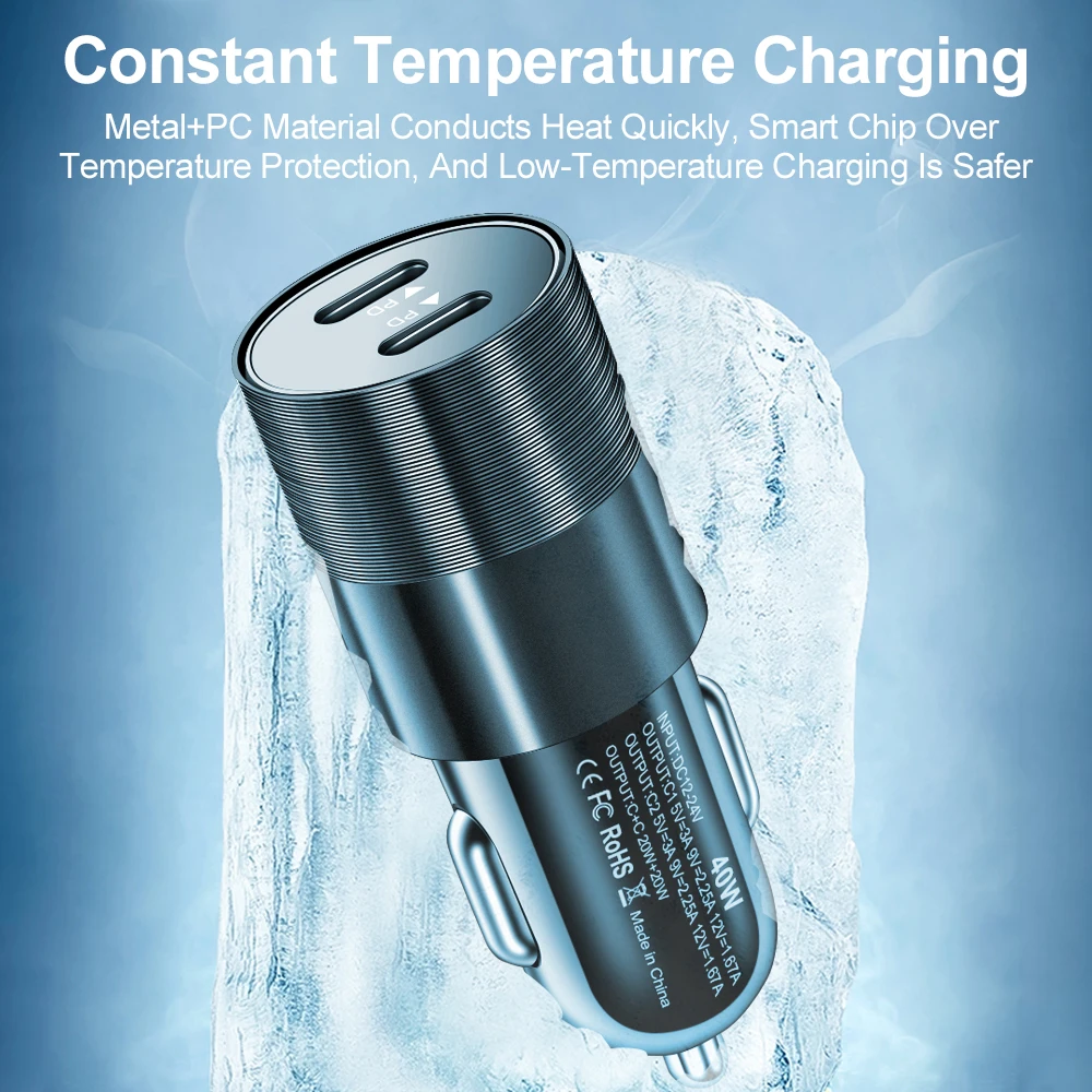 40W Dual PD Type C Car Phone Charger Fast Charging USB C for iPhone 14