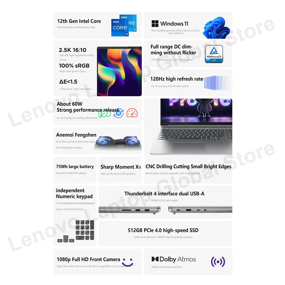 레노버 Xiaoxin Pro 16 노트북 2022 i9-12900H/i7-12700H/i5-12500H 16GB + 512GB/1 테라바이트/2 테라바이트 SSD 16 인치 2.5K 120Hz 슬림 노트북 P