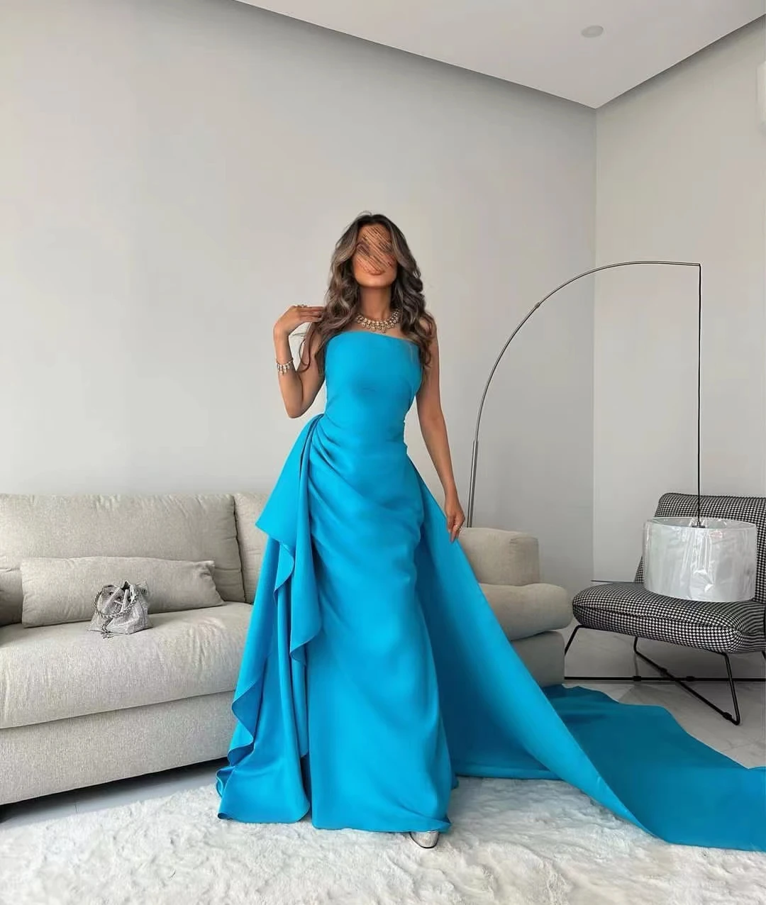 

AsaNagi Blue Satin Prom Dresses Strapless Floor-Length Sweep Train Women Simple Dress 2023 فساتين الحفلات Robes De Soirée