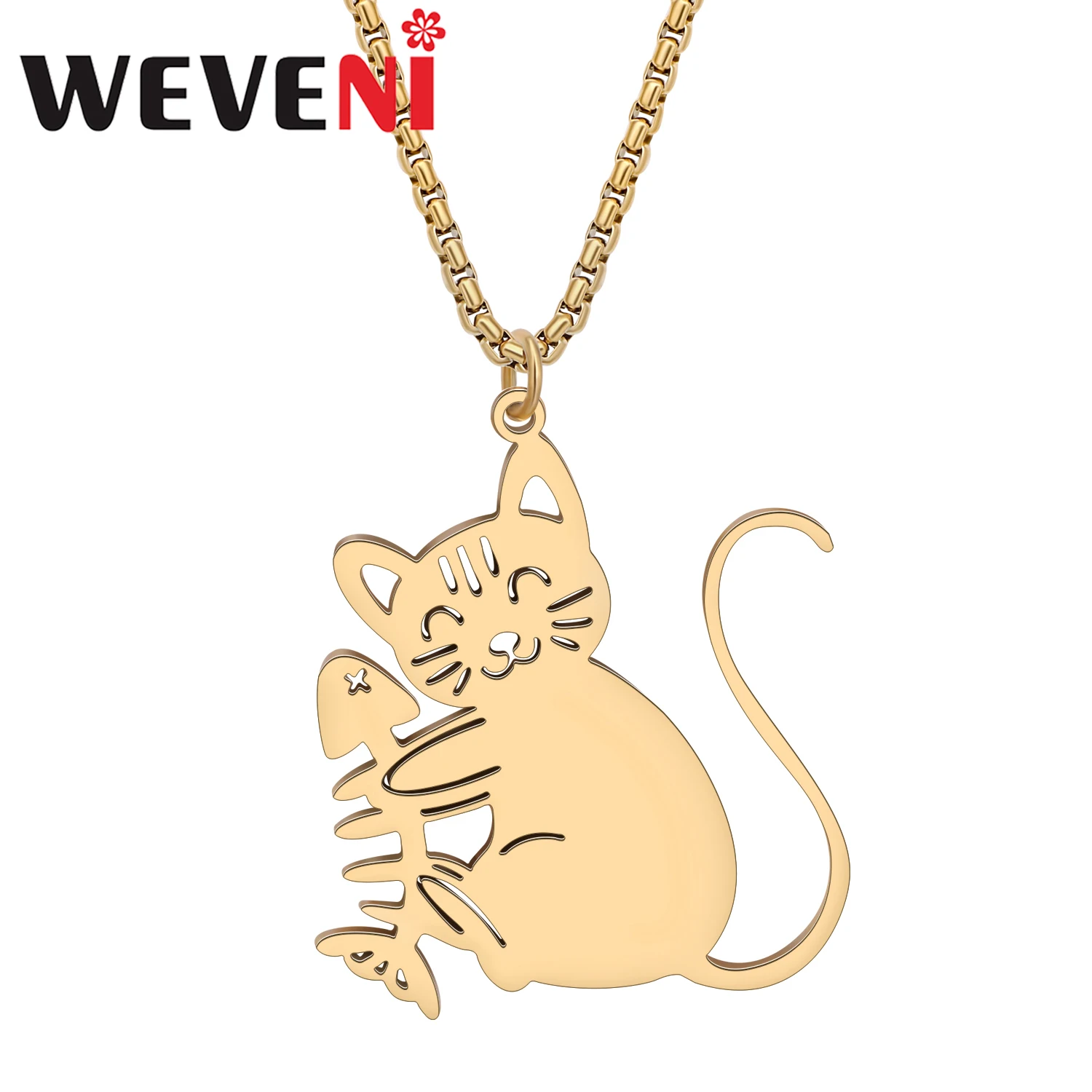 

WEVENI Cartoon Fun Fishbone Cat Kitten Plated Silver Gold Chain Jewelry Necklace Stainless Steel Pendant Gifts For Women Girls