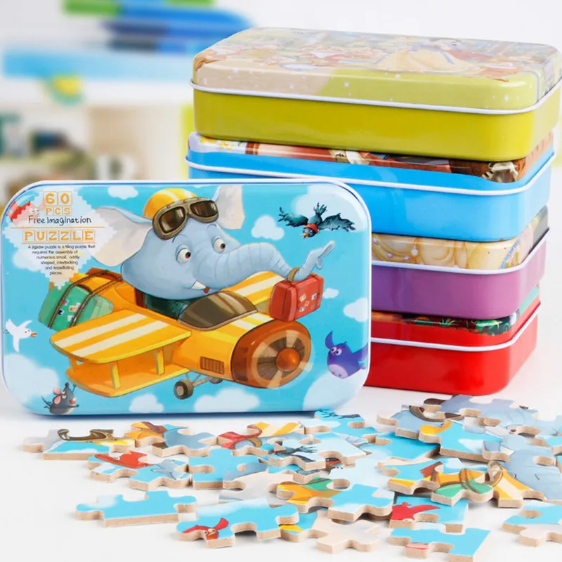 

60pcs/Set Wooden Puzzle Cartoon Toy 3d Wood Puzzle Iron Box Package Jigsaw Puzzle For Children Early Educational Montessori Toys