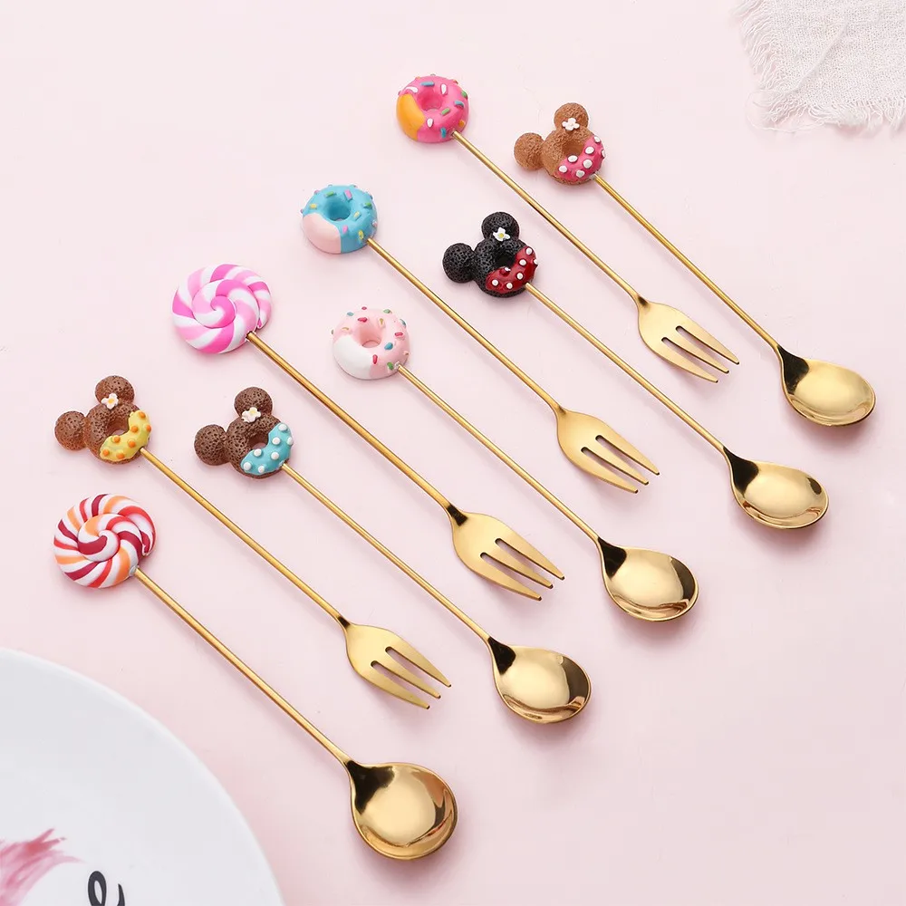 

4pcs Stainless Steel Donuts Candy Spoon Forks Kitchen Tableware Milk Coffee Stirring Spoons Dessert Cake Tools Cutlery Spoon Set