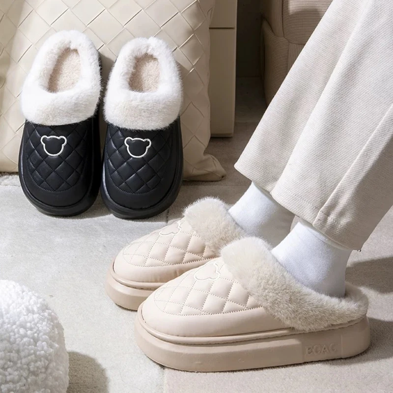 Thick Platform Home Cotton Slippers for Women Indoor Waterproof Non Slip Fluffy Slides Woman Thicken Plush Winter Slides Female