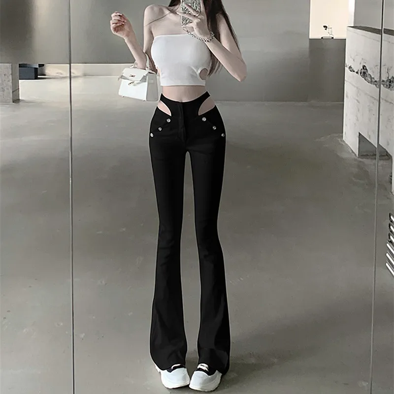 Cut-out high-waisted micro bell-bottom pants Spice girls thin floor long pants niche design sense casual women's pants high stre