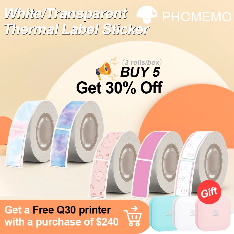 

3 Rolls/Box Phomemo Pattern Label Sticker Waterproof Adhesive Thermal Paper Home Office Name Sticker Label Tape for Q30 Printer