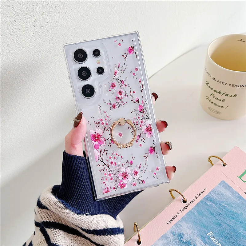 Bloem Ring Telefoon Houder Clear Case voor Samsung A55 S24 Ultra S23 S22 S21 S20 FE Note 20 A15 25 35 14 24 34 54 53 32 52_voghion.com