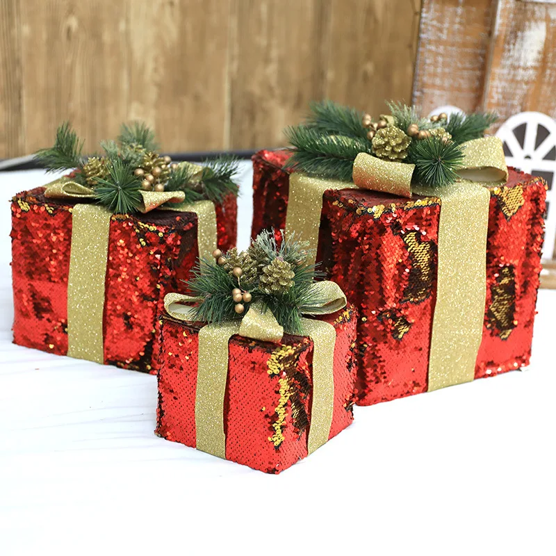 

Christmas Fabric Gift Box Sequined Gift Box Set of Three Christmas Tree Scene Decoration Props Window Courtyard Decoration
