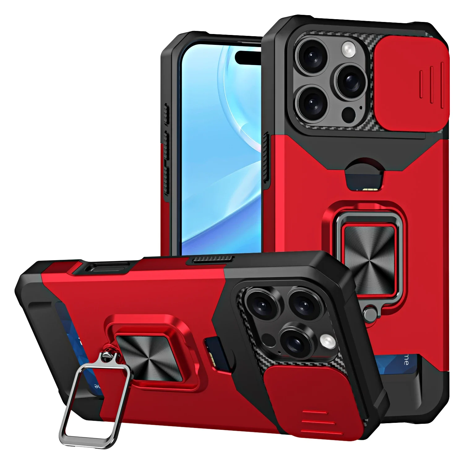 Rotating Armor Hybrid Case with Slide Camera Lens Cover and Ring Stand