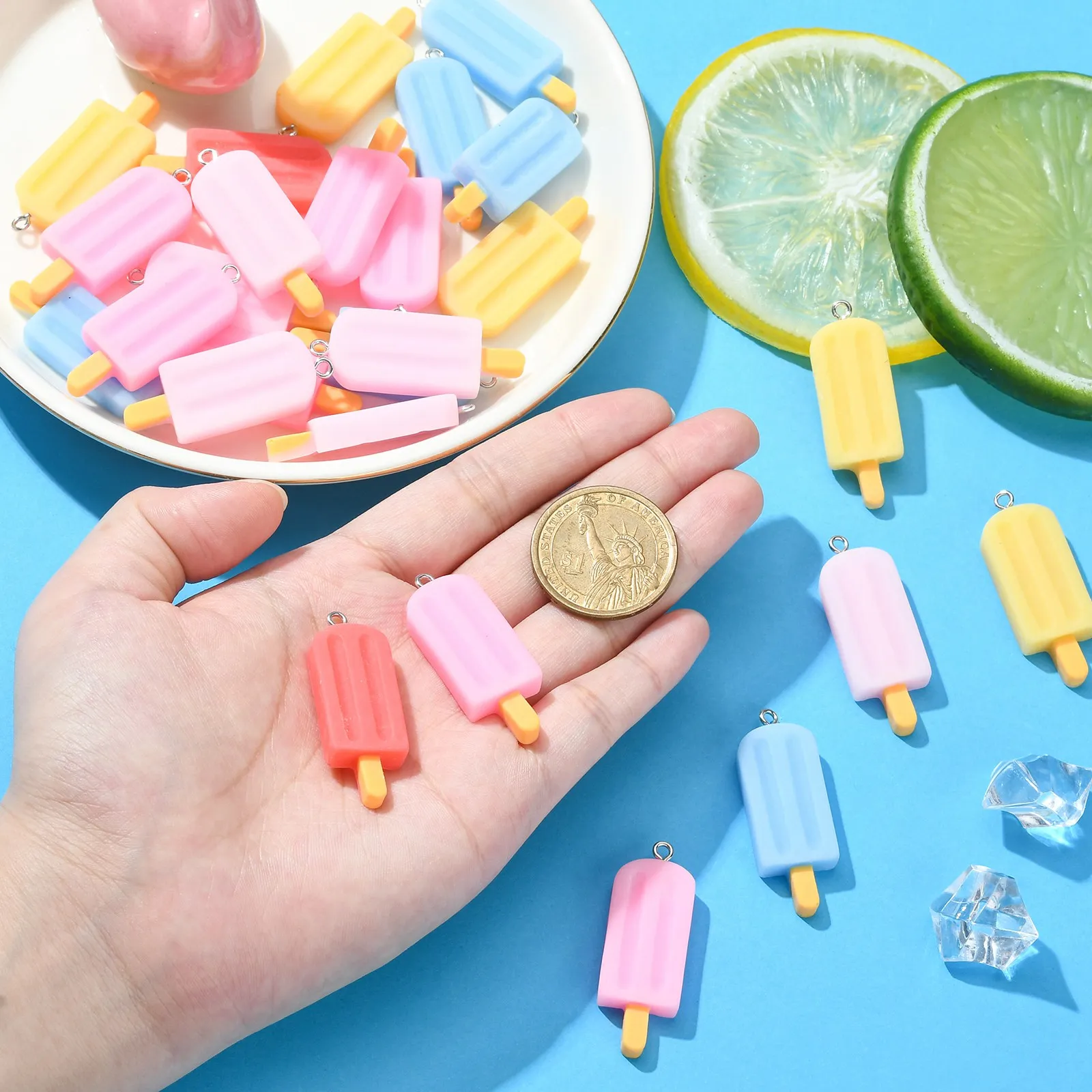 40Pcs 5 Colors Ice Lolly Flatback Charms Imitation Food Snack Pendants Cute Ice Cream Charms for Jewelry Making Accessories