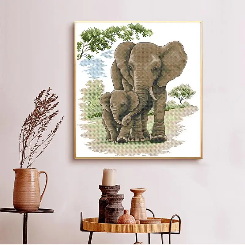Joy Sunday Animal Patterns Elephants Cross Stitch Embroidery Kit Aida 11CT 14CT 16CT Count Canvas Needlework Set DIY Home Decor