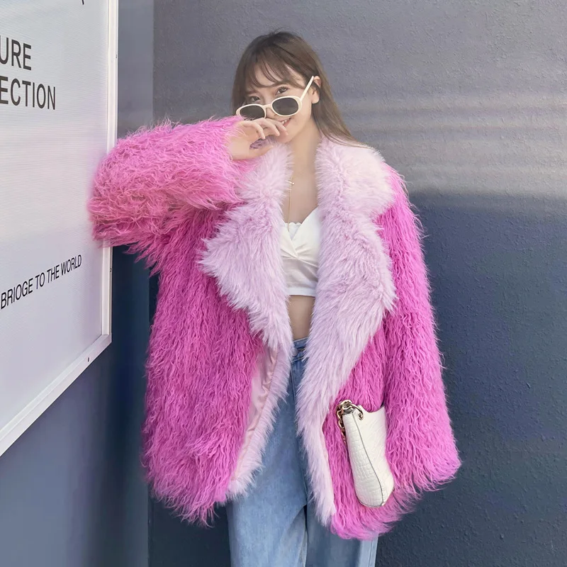 Winter New Women Faux Fur Coat Imitated Tibet Sheep Fur Mid-Length Toka Lapel Outwear Fashion Patchwork Warm Lamb Wool Outcoat