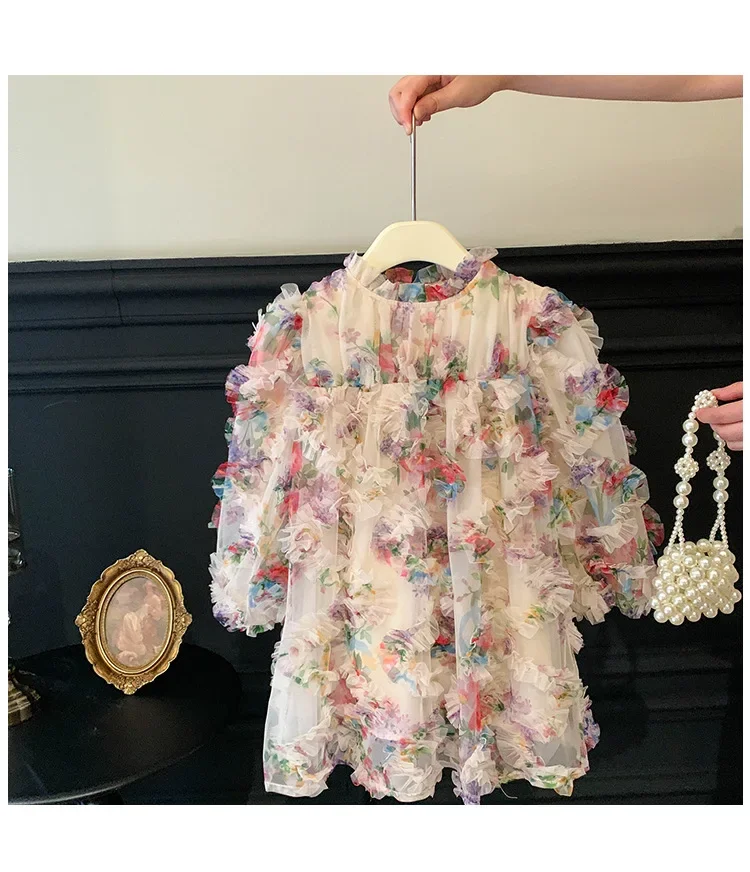 Mädchen Freizeit kleider Blumen druck Mesh Puff ärmel Prinzessin Kleid Blumen mädchen Kleider für Hochzeiten Kinder Kleider für Mädchen – Detail 5