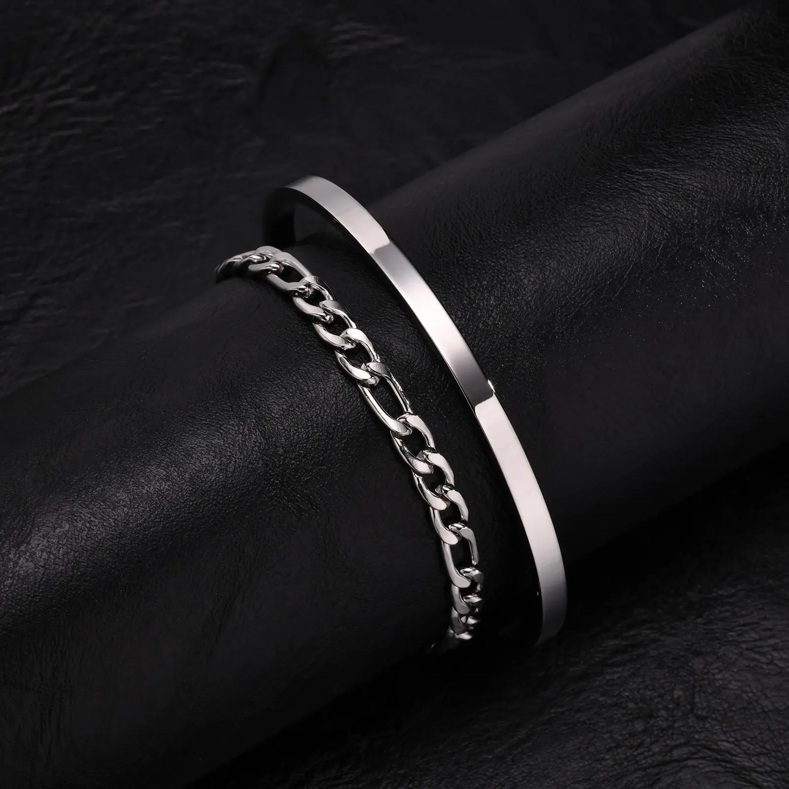 Herren 2-teiliges Set Einfache Modische Kubanische Schlangenkette Armband Edelstahl Offener Armreif Punk Hip-Hop Schmuckset Geschenke – Detail 7