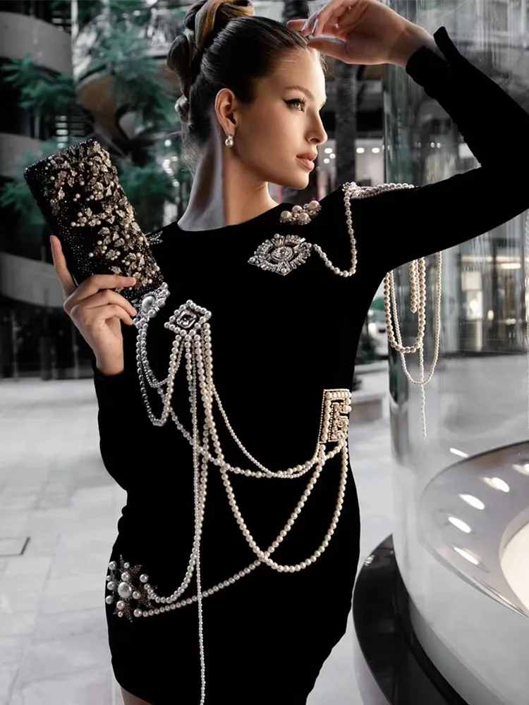 STOCK Women Winter Style Sexy Long Sleeve Black Pearl Beading Mini