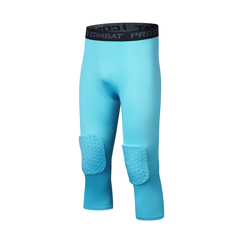 Men's 3/4 Compression Tights Leggings Basketball Safety Anti-Collision Pants Training With Knee Pads Protector Sports Trousers