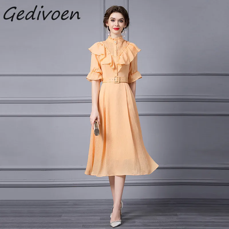 

Gedivoen Summer Fashion Runway Elegant Pleated Dress Women O-Neck Ruffles Splicing Button Sashes Gathered Waist Party Midi Dress