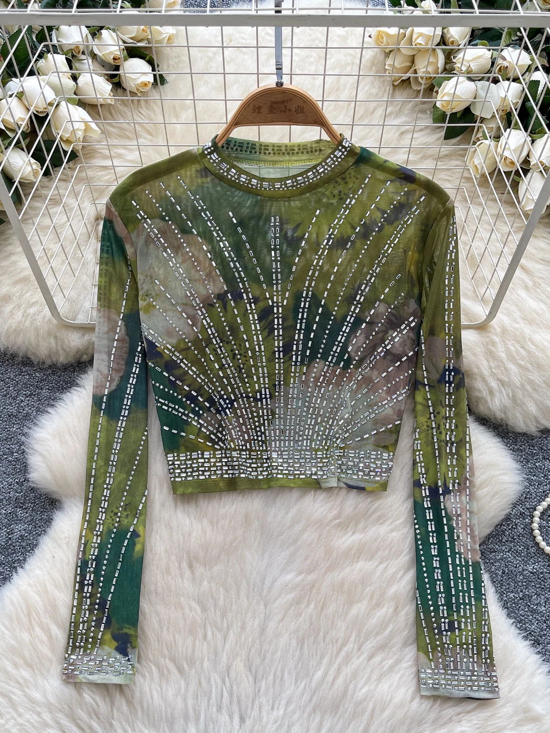 Ins Heavy Du Rhinestone round Ne Slim Fit ort Sve Long Sve Me T irt Women's Summer Faion Top Korean Sle