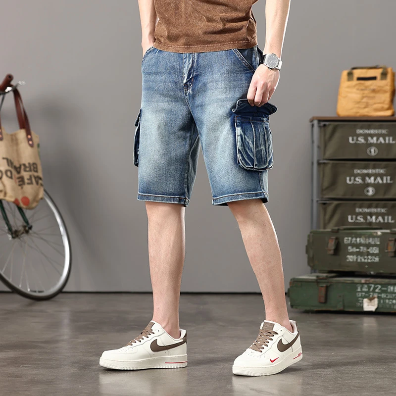 Summer new elastic American retro multi -pocket tools for denim shorts, men's pants pants loose, large size three -color 5