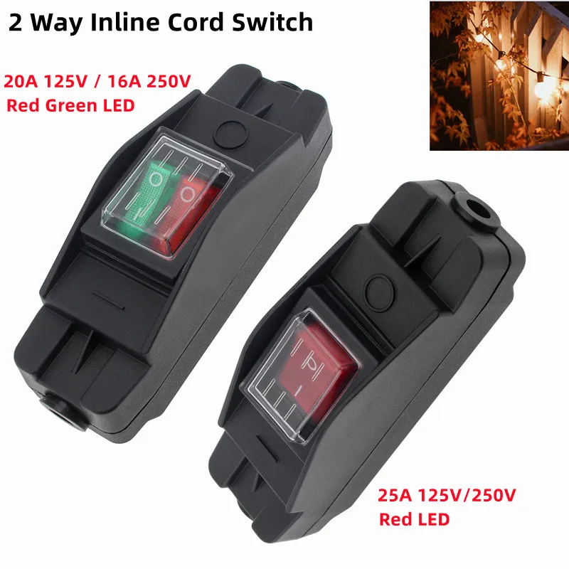 Led Iluminado Cabo em Linha Interruptor para Aparelhos Elétricos de Alta Ampère Way Vermelho Verde Ligado Desligado 20a 125v 16a 250v ac