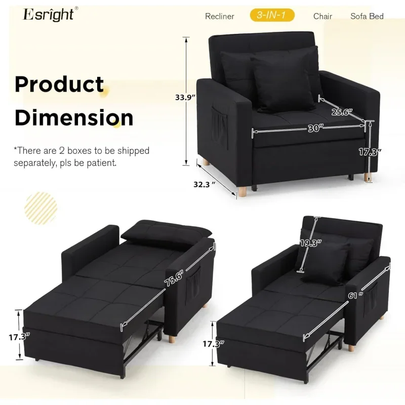 Sleeper Chair, 3-1 Convertible Chair Bed Pull Out with Adjustable Backrest, 2 Pillows, Side Pocket, Upgrade Foam Black
