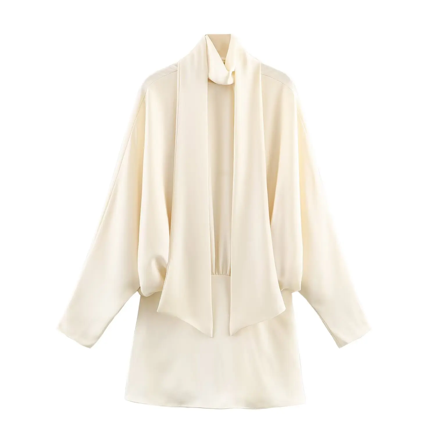 Women's France Elegant Satin Dress Fashion Scarf Decoration Female Short Dress Spring Autumn High Street Long Sleeves Mini Dress