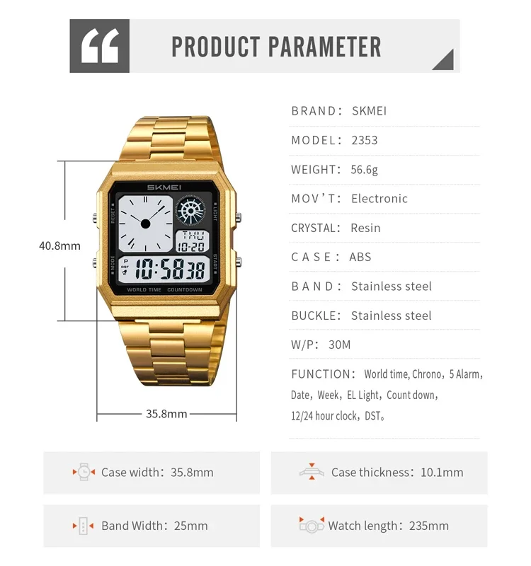 SKMEI 2353 Luxury Stainless Steel Watch for Men Digital Sports Waterproof Mens Wristwatches Countdown Alarm 1335 Reloj Hombre