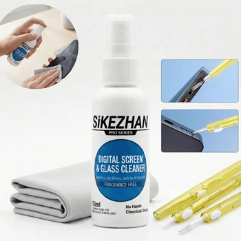 Kit di Pulizia Elettronica Definitivo: Spray Detergente per Schermi 50ml, Panno in Microfibra e Spazzole per Porte di Telefoni, AirPods e Porte di Ricarica