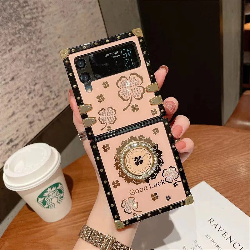 

Luxury Diamond Flower Ring Phone Holder Case For Samsung Galaxy Z Flip 4 5G Z Flip 3 Shockproof Square Soft Silicone Back Cover