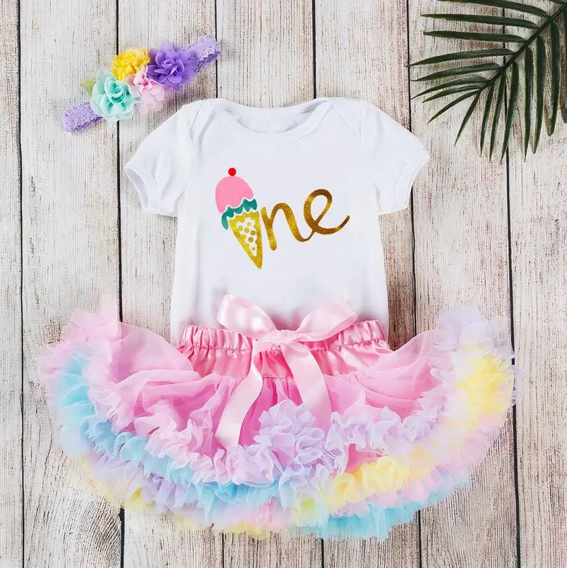 Fashion Kids Girls Clothes Outfits My 1st Birthday Toddler Baby Girl Tutu Dress Floral Letter Romper Gauze Skirt Headbands Sets Baby Clothing Set for boy Baby Clothing Set