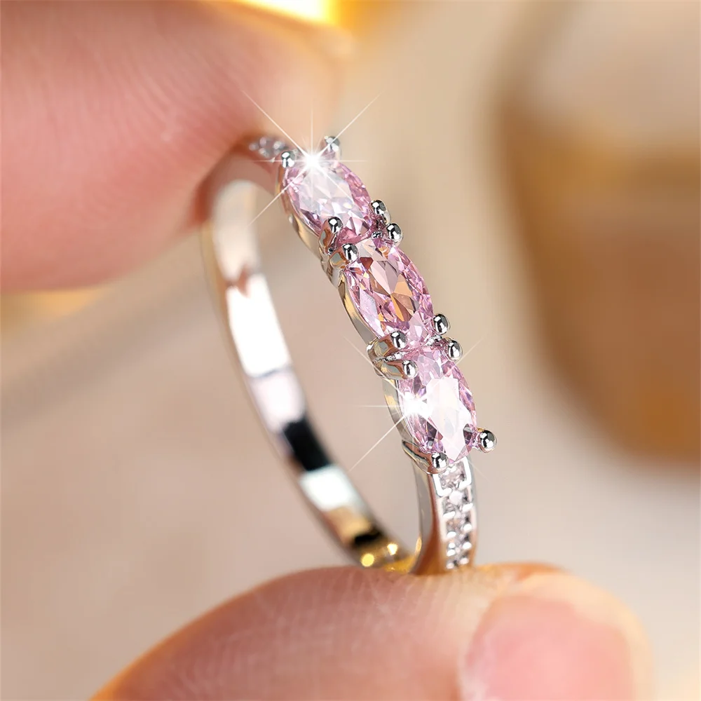 Female Cute Pink Zircon Stone Ring Vintage Silver Color Wedding Jewelry Promise Engagement Rings For Women