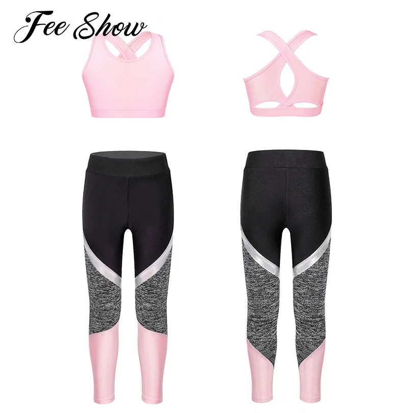 Toddler Kids Girls Yoga Set Tuta Yoga Abbigliamento Senza Maniche Cross Back Crop Top Con Leggings Skinny Gym Fitness Sportswear