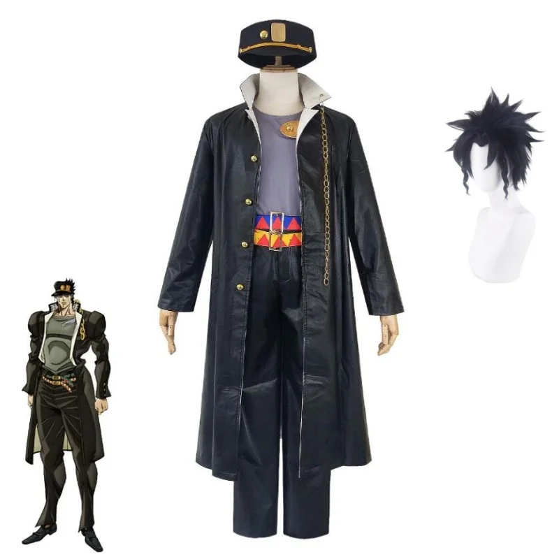 

Anime Kujo Jotaro Jojo's Bizarre Adventure Cosplay Costume Wig Men Leather Uniform Windbreaker Coat Pants Suit Halloween Party