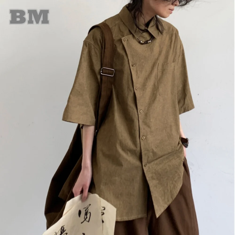 

Винтажная рубашка в Корейском стиле для мужчин и женщин, модная повседневная Уличная одежда с короткими рукавами и скошенной планкой, однотонный топ, лето